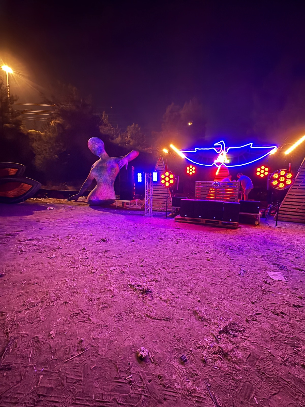 מיצב ניאון ופסלי תפאורה מוארים באירוע לילי בטבע